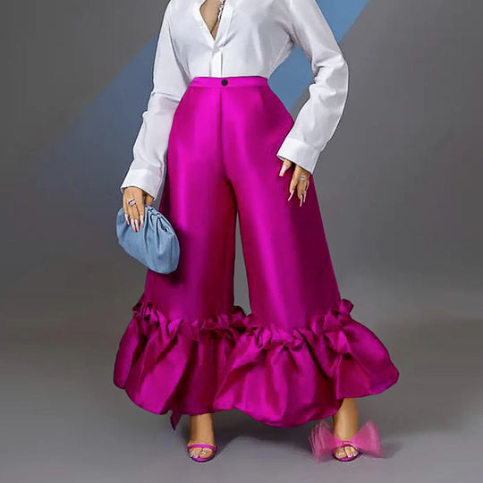 Damen elegante weite Hose mit voluminösem Rüschenabschluss EB
