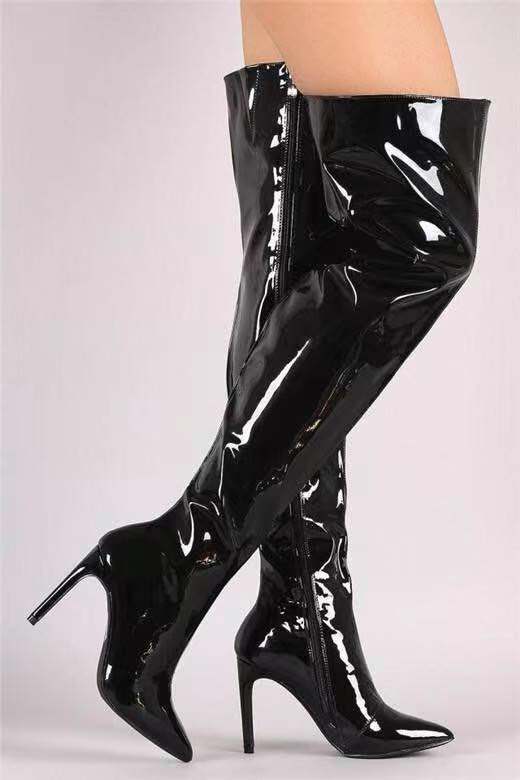 Damen Overknee Stiefel mit glänzender Oberfläche und elegantem Stiletto-Heel EB