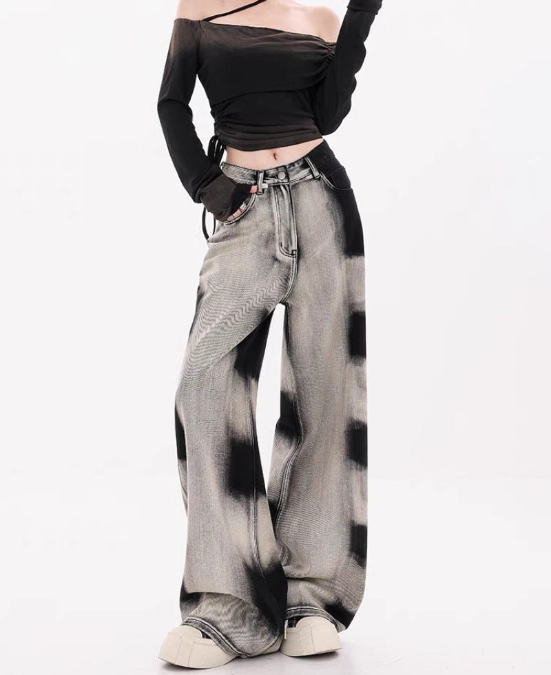 Damen Weite Designer-Jeans mit kreativen Batikmustern EB
