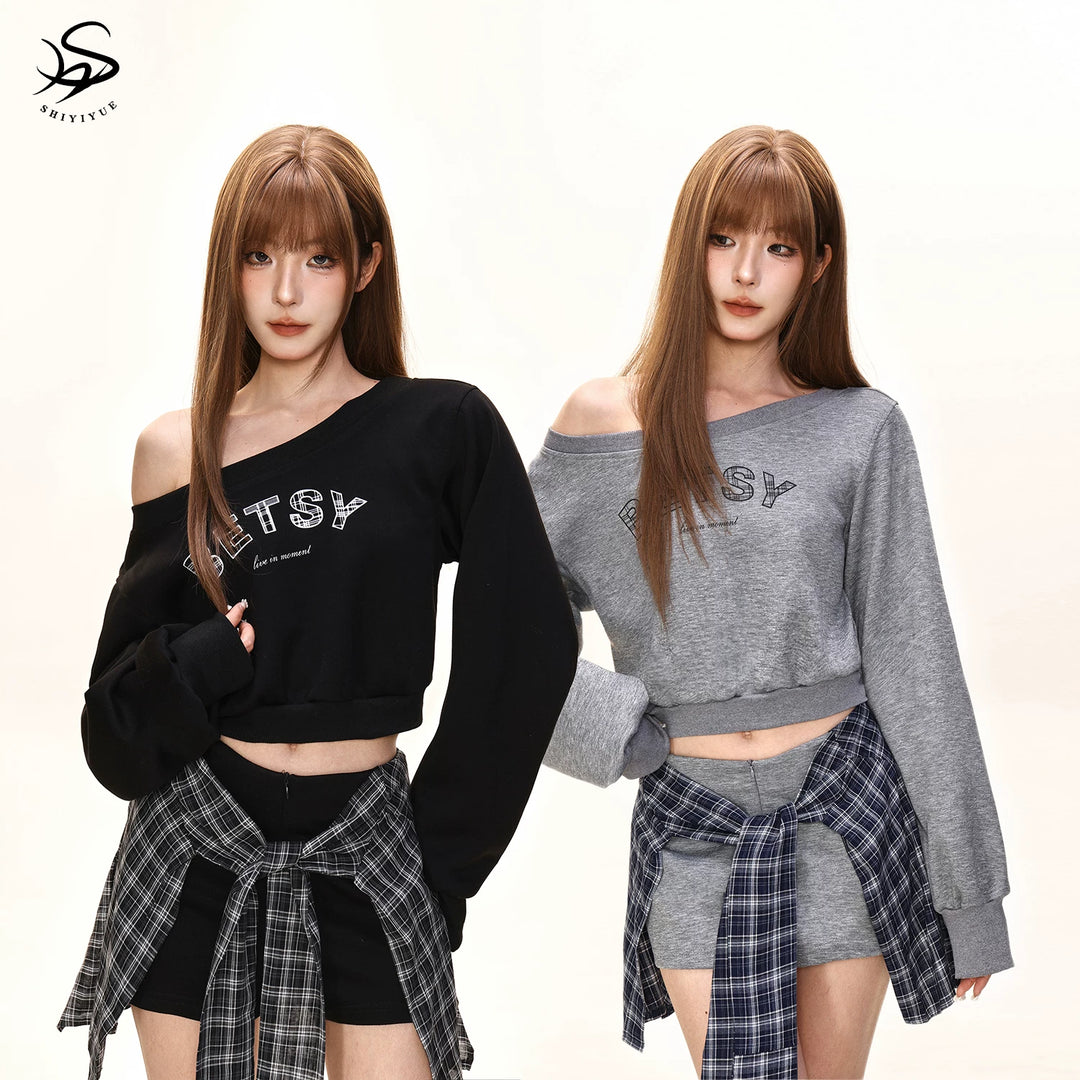 Damen nan einseitig offenes Cropped-French-Terry-Pullover mit voluminösen Ärmeln und Rippbund EB