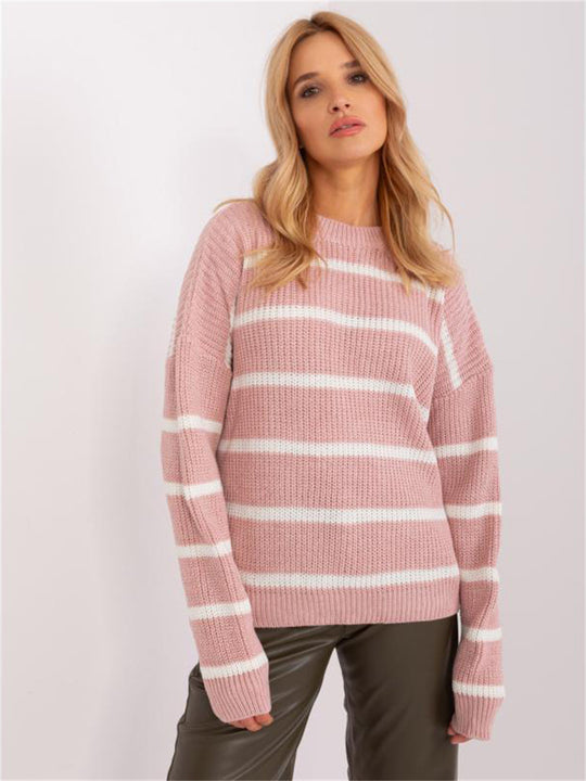 Damen lässiger Strickpullover mit modernem Streifenmuster und weitem Schnitt EB