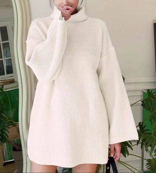 Damen Langer Strickpullover mit hohem Kragen und weit ausgestellten Ärmeln EB