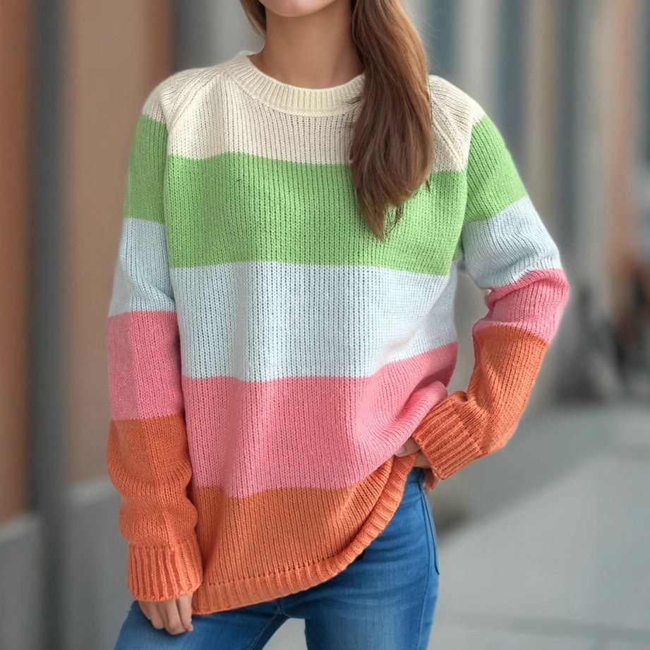Damen lässiger Strickpullover mit bunten Blockstreifen und weitem Schnitt EB