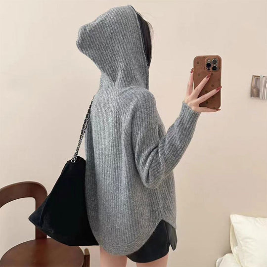 Damen lässiger Strickpullover mit hochgezogenem Kragen und Reißverschluss EB