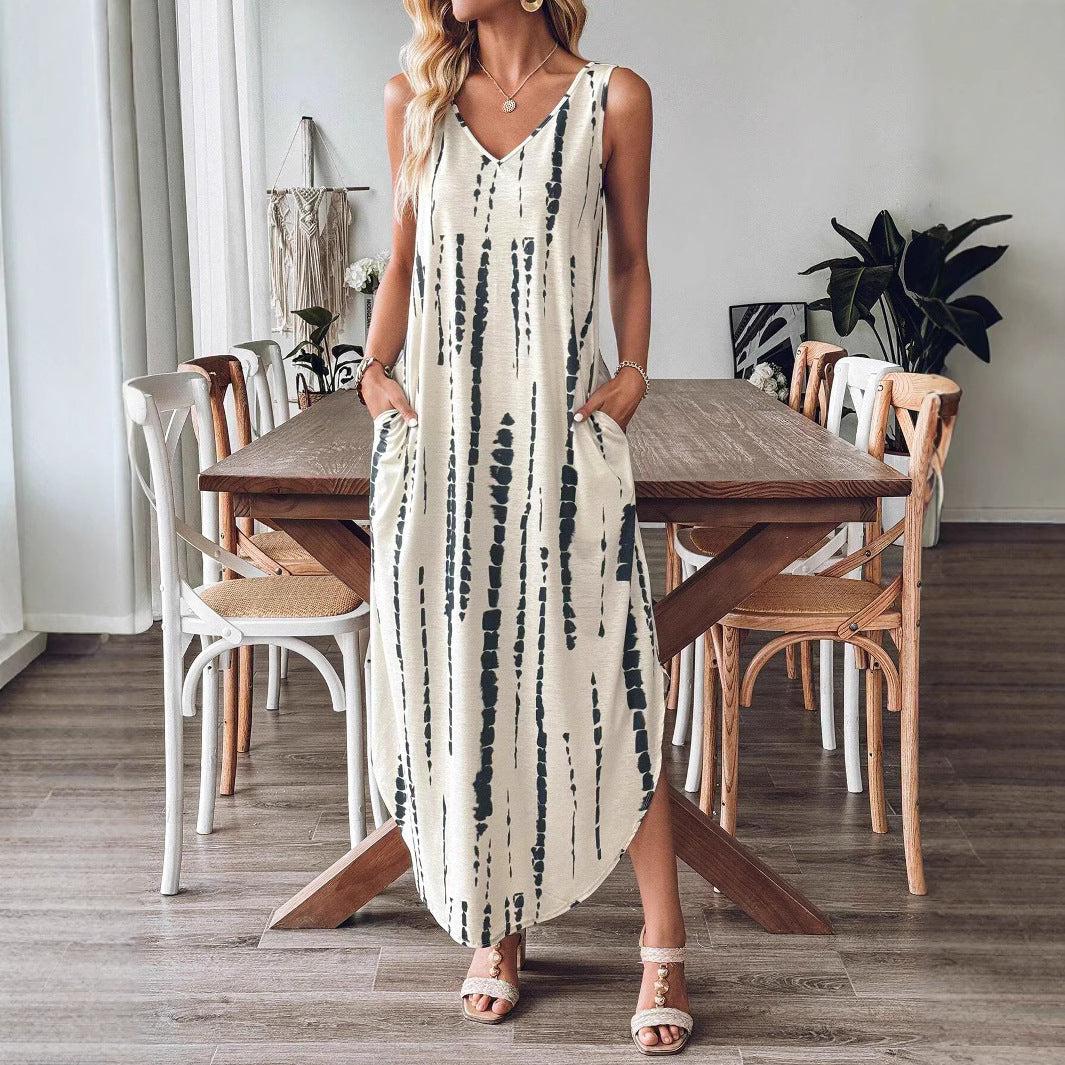 Damen Maxikleid mit feinem V-Ausschnitt und gestreiftem Design EB