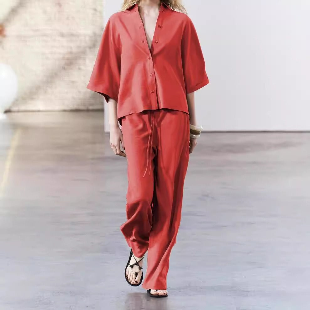 Damen elegantes Blusen und Hose Ensemble aus atmungsaktivem Stoff EB