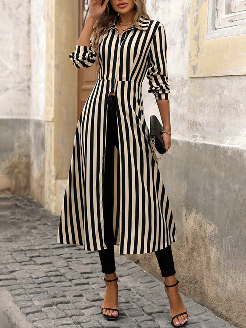 Damen gestreiftes Maxikleid mit Taillengürtel EB