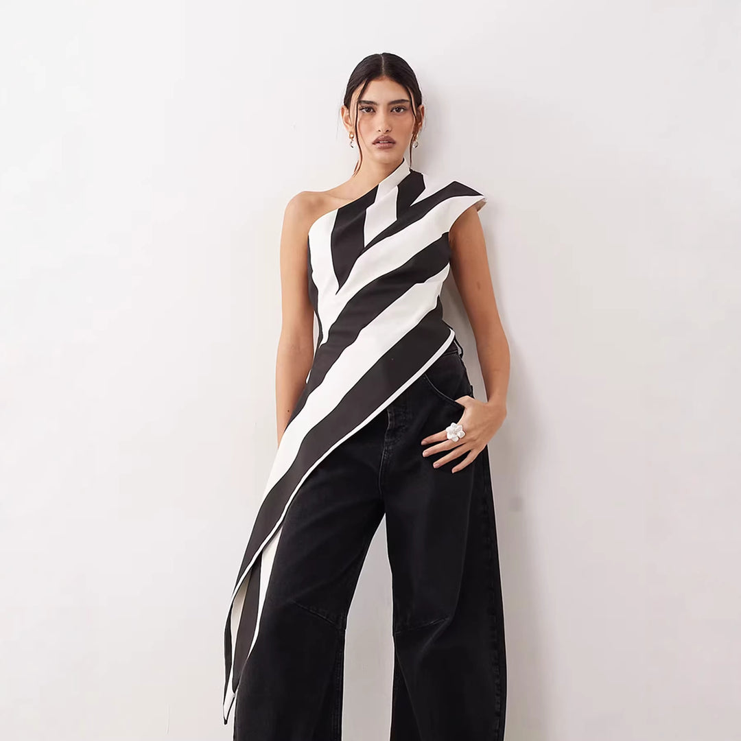 Damen asymmetrisches Wickeloberteil mit Streifenmuster EB