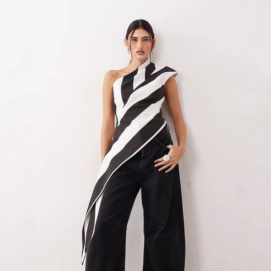Damen asymmetrisches Wickeloberteil mit Streifenmuster EB