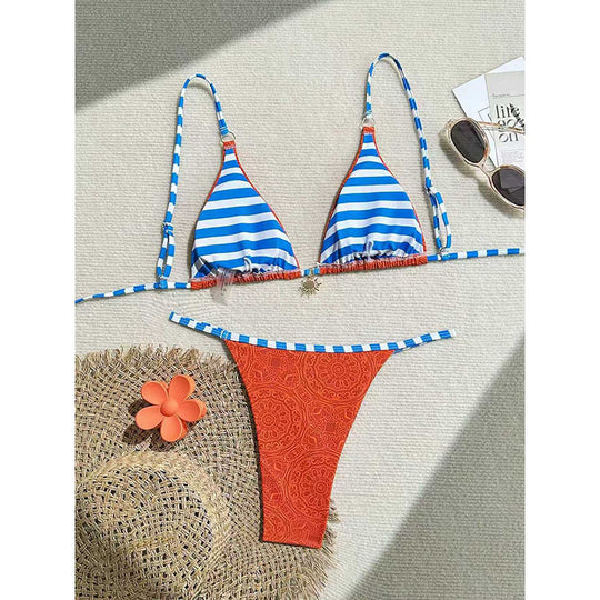 Damen Triangel-Bikini mit buntem Design und modischen Riemen EB