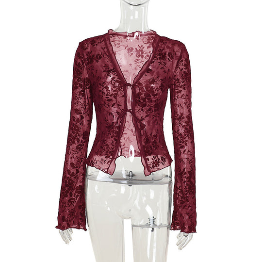 Damen Transparente Spitzenjacke mit floralen Mustern EB