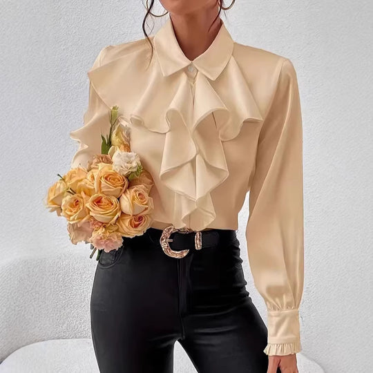 Damen Elegante Rüschenbluse mit Volants, Hemdkragen und Manschetten EB