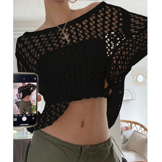 Damen luftiges Häkeloberteil mit weitem Schnitt und transparentem Design EB