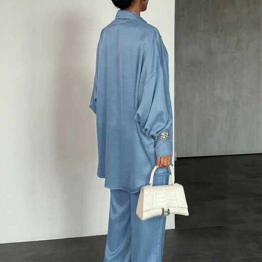 Damen Zweiteiliges Oversize-Hemd- und Palazzo-Set im fließenden Denim-Look EB
