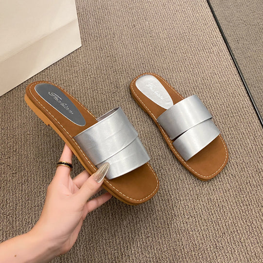 Damen modische Slide-Pantoletten mit breitem Riemen und weichem Fußbett EB
