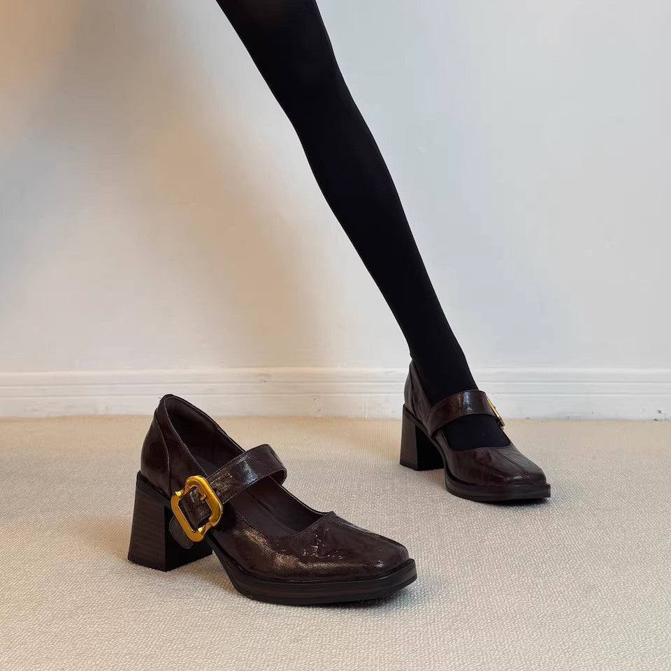 Damen Elegante Mary Jane Pumps mit komfortablem Blockabsatz und dekorativem Schnallenakzent EB