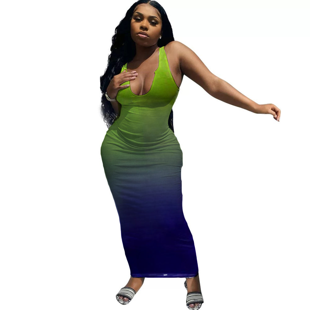 Damen Langes Bodycon Kleid mit tiefem Ausschnitt und Farbverlauf EB