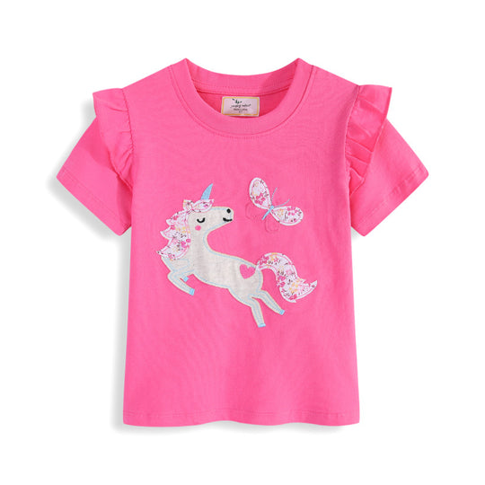 Mädchen T-Shirt mit kreativen Rüschendetails und bezauberndem Einhorn-Motiv EB