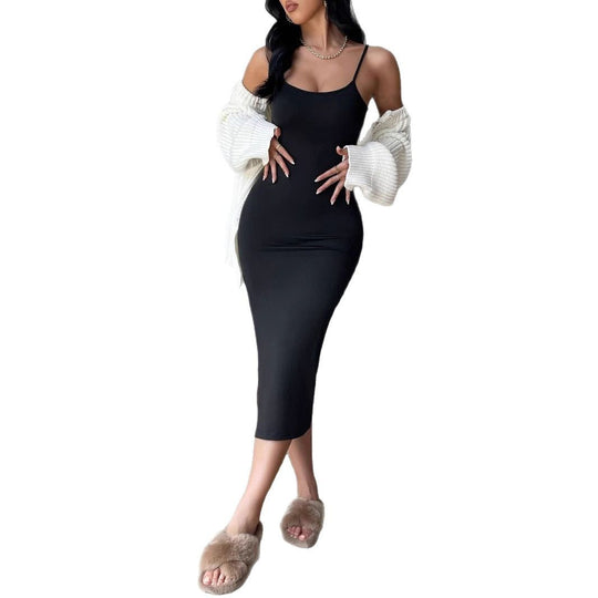 Damen figurbetontes Maxi-Kleid mit schmalen Spaghettiträgern und seitlichem Schlitz EB