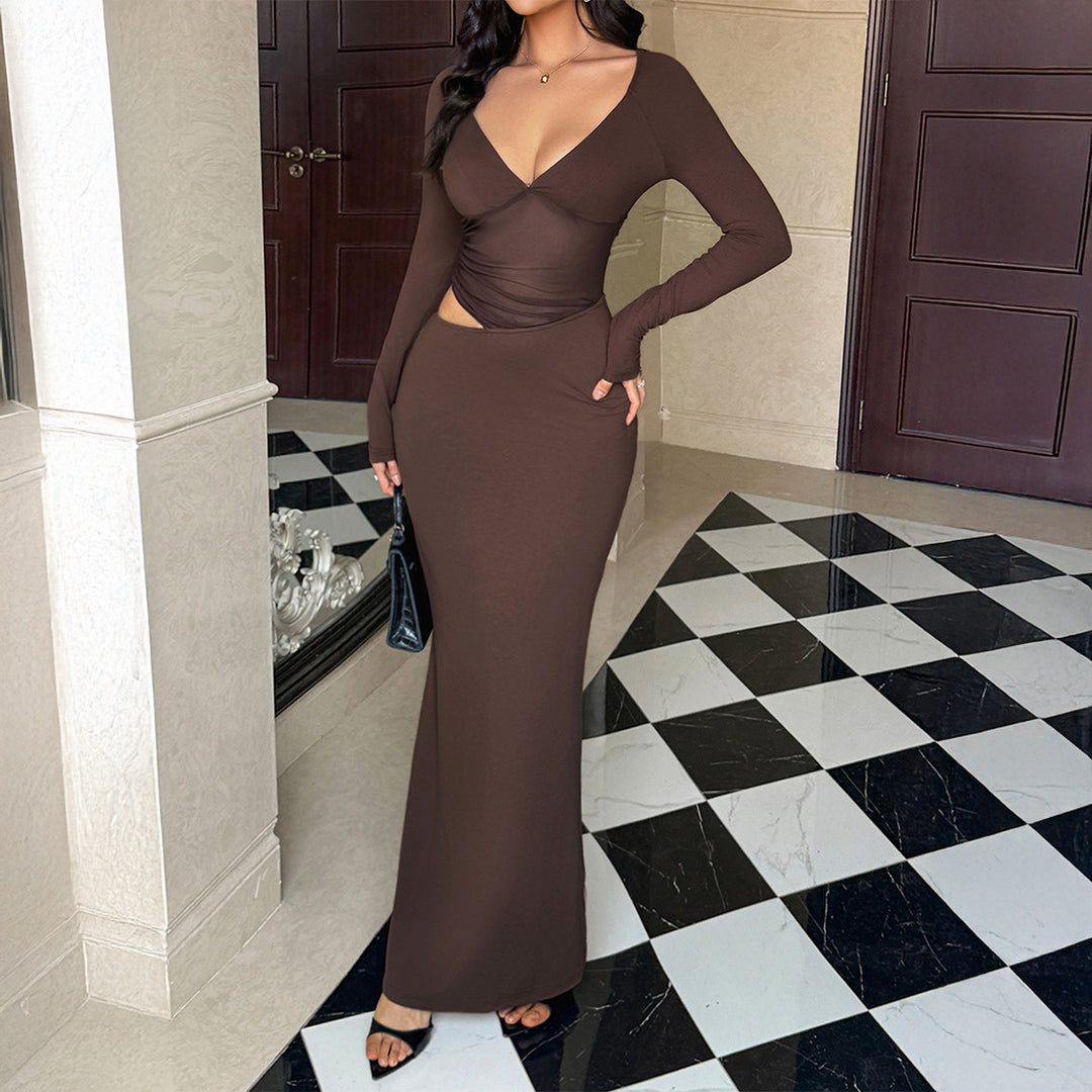 Damen nan tailliertes Maxikleid mit tiefem V‑Ausschnitt, seitlichem Cut‑Out und figurbetonter Stretch‑Silhouette EB