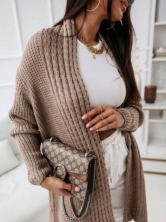 EB | Langarm-Strickjacke Wollstrick Lockere Passform Offene Vorderseite Gerippte Struktur
