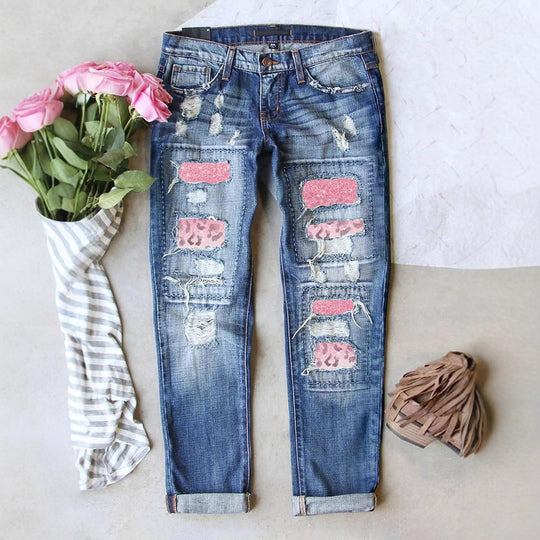 Damen Ripped Jeans mit modischen Patches und lässigem Schnitt EB