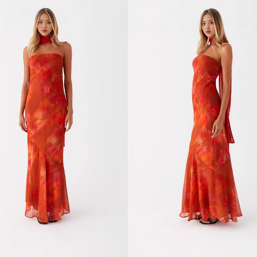 Damen Elegantes Langarm Abendkleid im Blumendesign EB