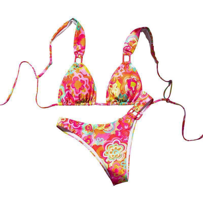 Damen Triangel-Bikini mit buntem floralem Design und verstellbaren Trägern EB