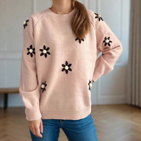 Damen Strickpullover mit floralen Applikationen und lässigem Schnitt EB