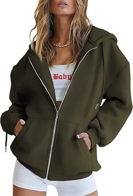 Damen nan oversized Kapuzenjacke mit durchgehendem Reißverschluss Kängurutaschen und weichem Sweatmaterial EB