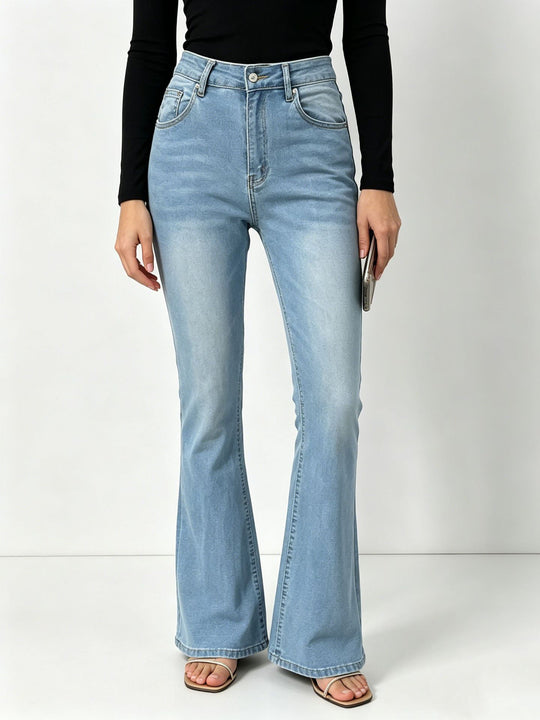 Damen nan hochgeschnittene Jeans mit schmaler Hüftpartie und weitem Schlag mit elastischem Bund EB