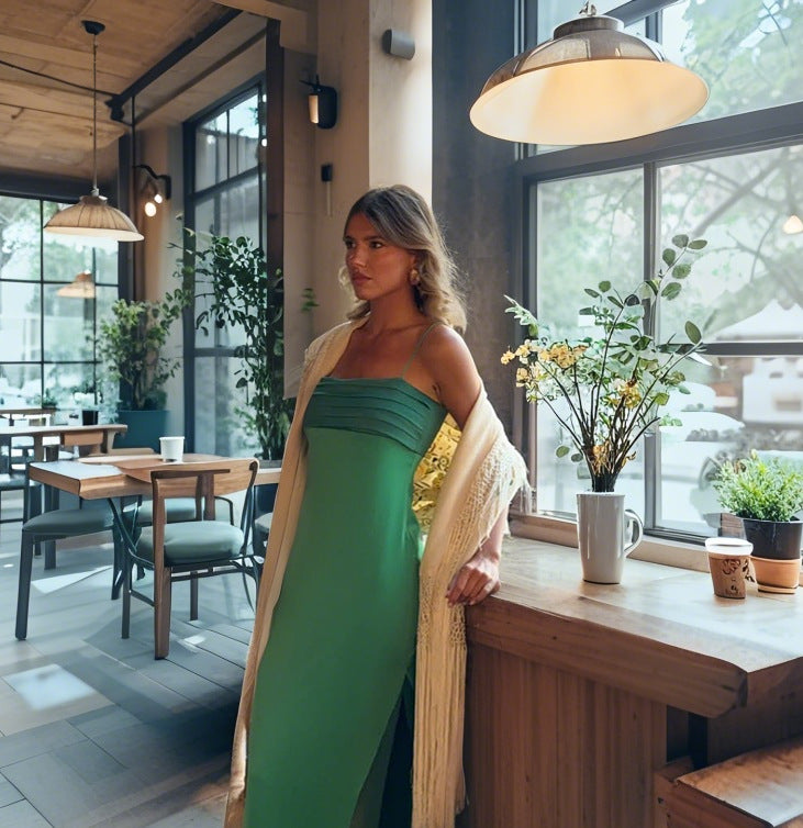 Damen Elegantes, schulterfreies Abendkleid mit Raffungen und Beinschlitz EB