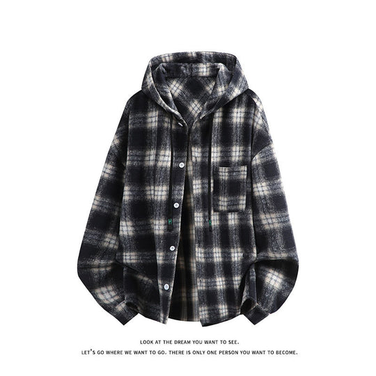 Unisex nan oversized Kapuzen-Hemdjacke aus Flanell mit Karomuster und Brusttasche EB