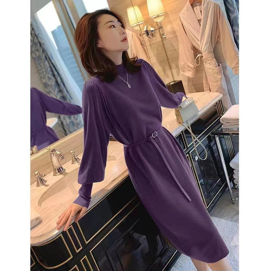 Damen Elegantes Knielanges Kleid mit Gürtel und Langarm EB