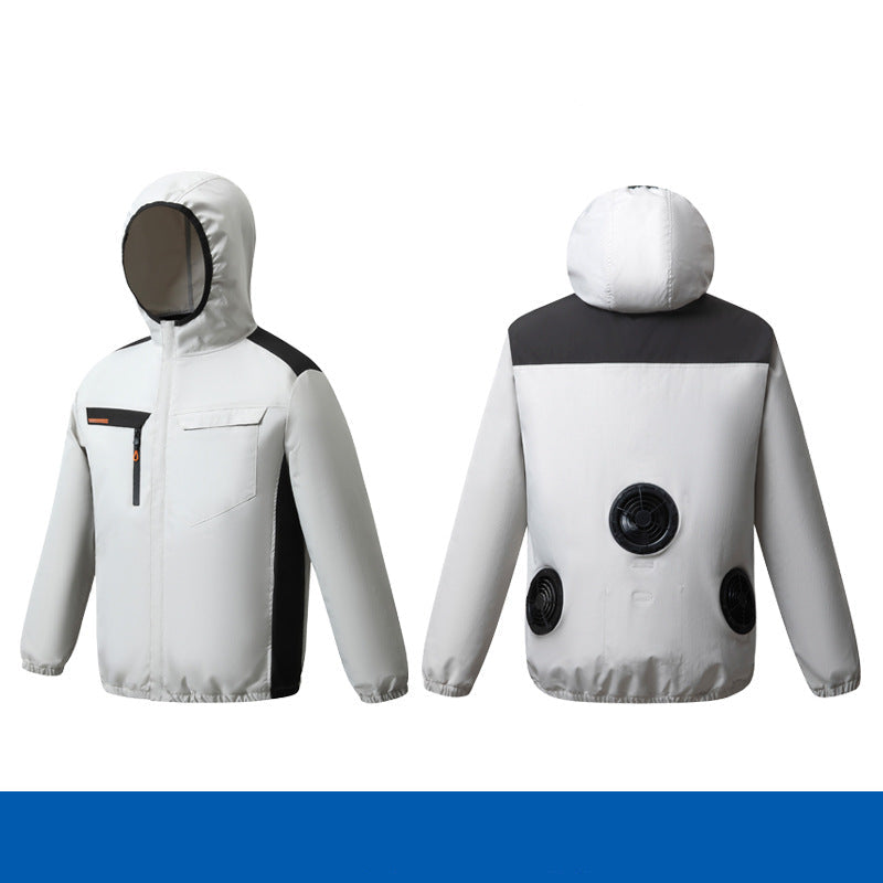 Herren nan belüftete Kühljacke mit mehreren integrierten USB-Lüftern, verstellbarer Kapuze und winddichtem Material EB