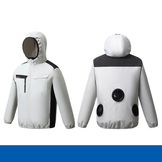 Herren nan belüftete Kühljacke mit mehreren integrierten USB-Lüftern, verstellbarer Kapuze und winddichtem Material EB
