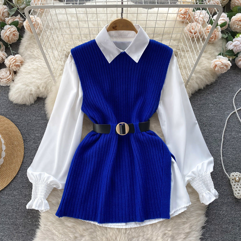 Damen Lagenlook-Bluse mit Rippstrick-Überwurf und Taillengürtel EB