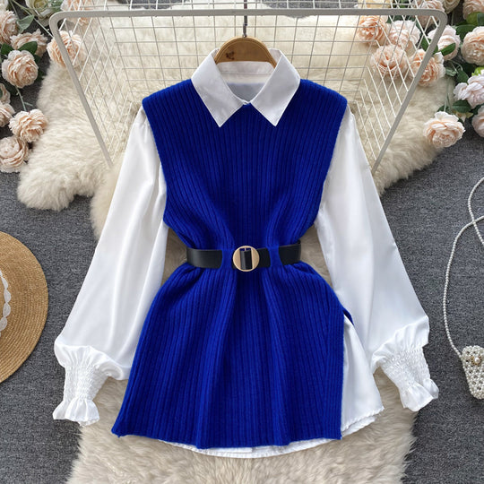 Damen Lagenlook-Bluse mit Rippstrick-Überwurf und Taillengürtel EB