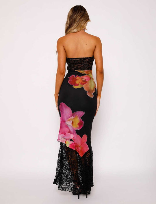 Damen Off-Shoulder Spitzenkleid mit Floral-Akzenten und transparentem Unterstoff EB