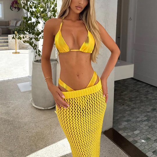 Damen Häkel-Strandrock mit transparentem Netzdesign und hohem elastischen Bund EB