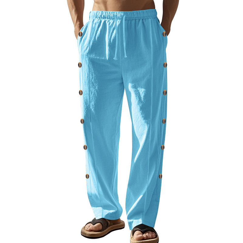 Herren nan lässige Strandhose mit seitlicher Knopfleiste, elastischem Kordelbund und weitem Bein EB