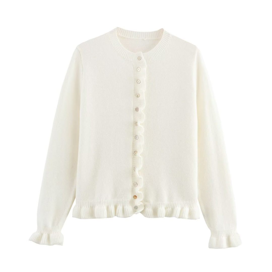 Damen Strickjacke mit dekorativem Rüschensaum und Knopfverschluss EB
