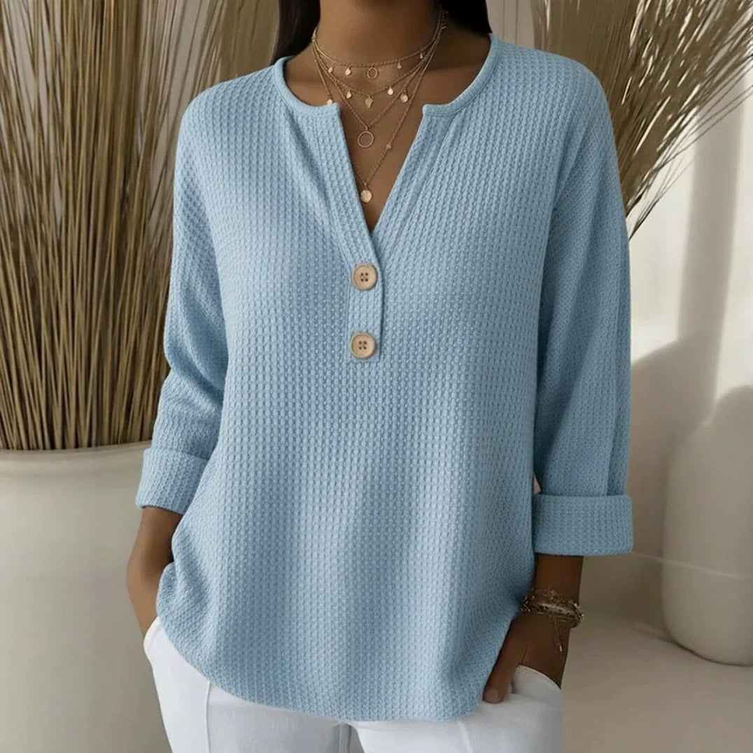Damen nan Waffelstruktur Henley-Shirt mit V-Ausschnitt kurze Knopfleiste und krempelbaren 3/4-Ärmeln EB