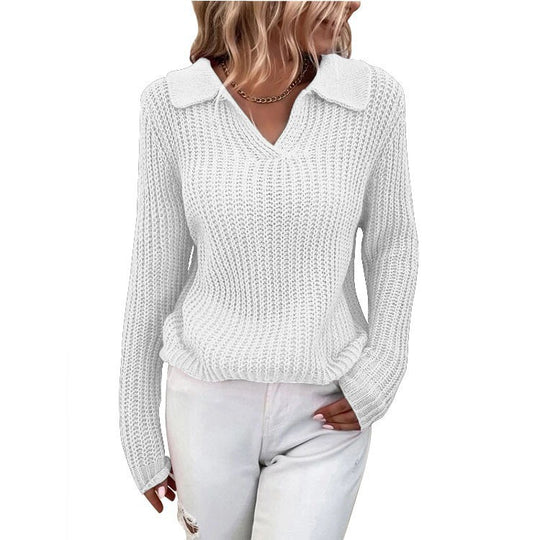 Damen V-Ausschnitt Strickpullover mit Kragen EB