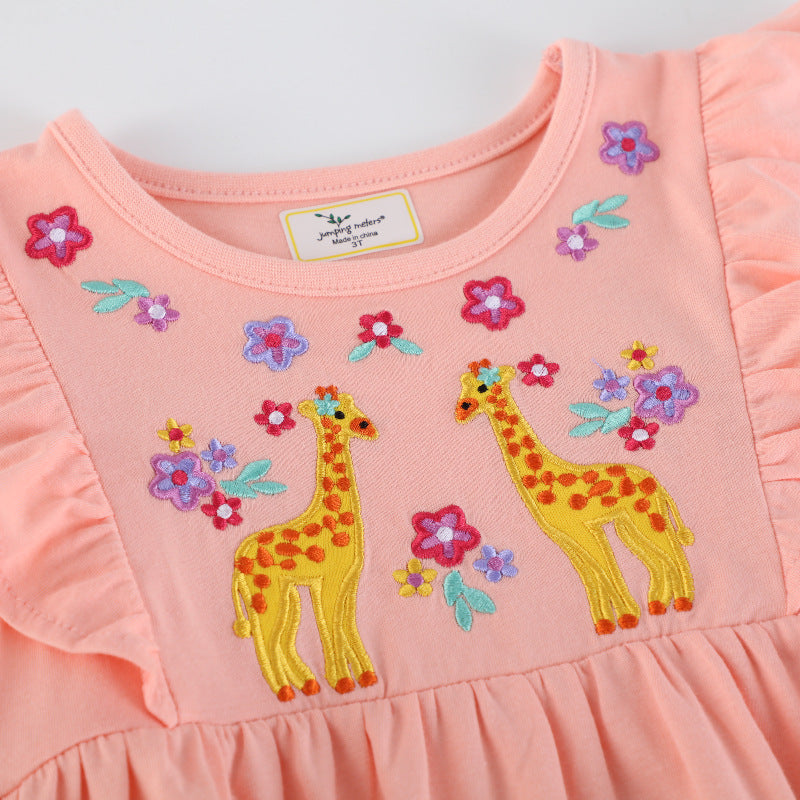Mädchen Baumwollkleid mit bezaubernden Giraffen-Stickereien EB