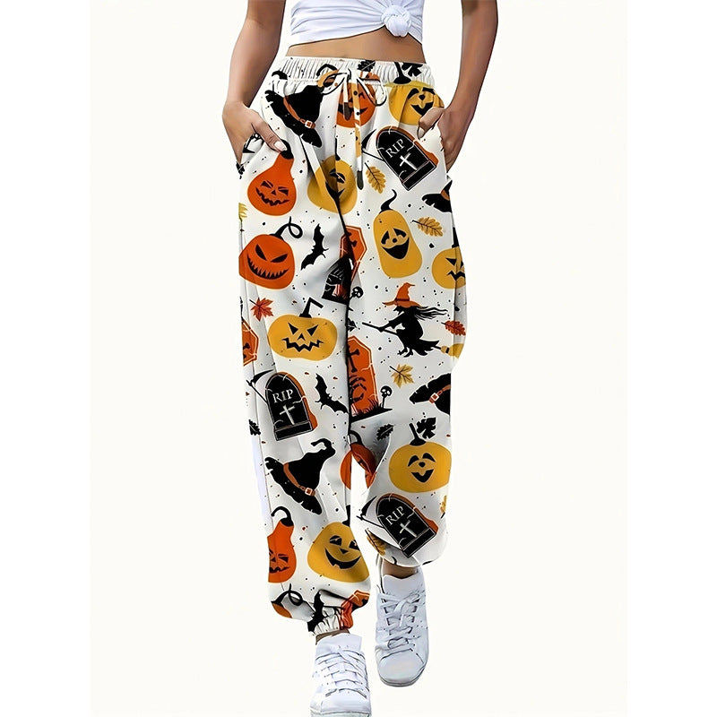 Damen lässige Halloween-Jogginghose mit elastischem Bund und buntem Druck EB