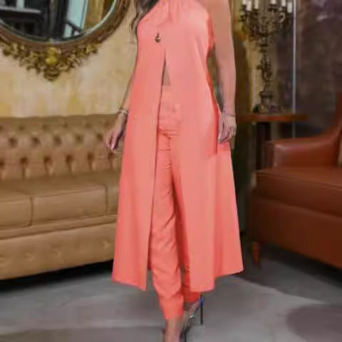 Damen Eleganter Zweiteiler mit stilvollem Mantel und cropped Hose EB