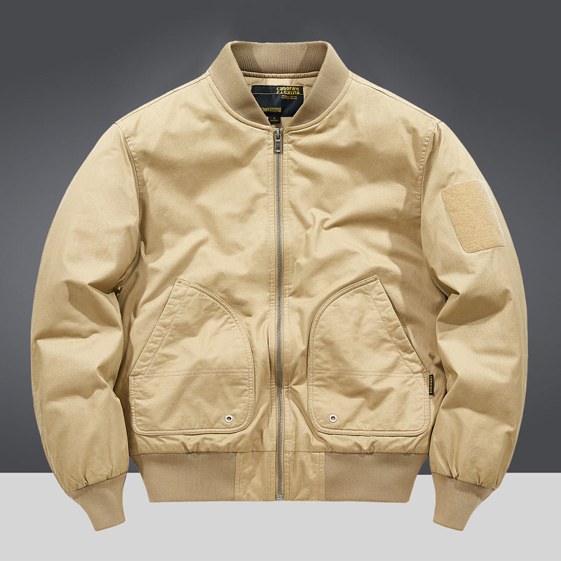 Men's  military-inspired heavyweight cotton bomber jacket with curved flap utility pockets and sleeve velcro patch EB