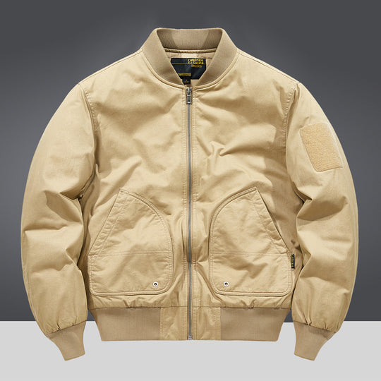 Men's  military-inspired heavyweight cotton bomber jacket with curved flap utility pockets and sleeve velcro patch EB