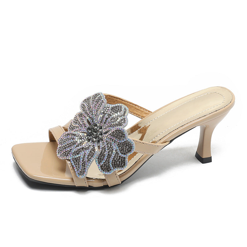 Damen elegante Sandalen mit funkelndem Blumen-Design und komfortablem Absatz EB